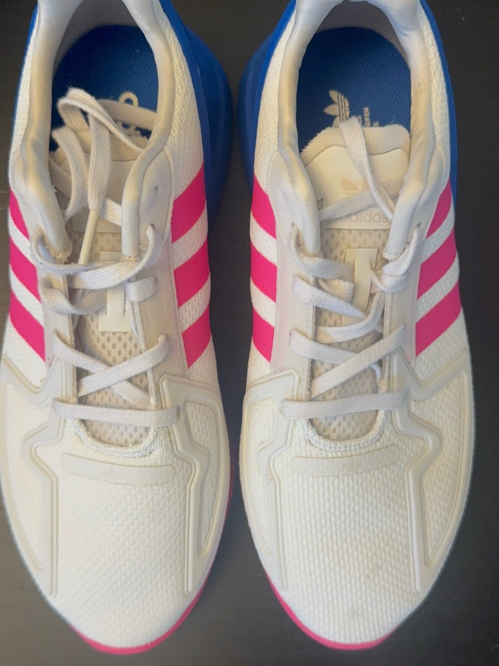 adidas Women's White Sneakers with Pink Stripes and Blue Heel